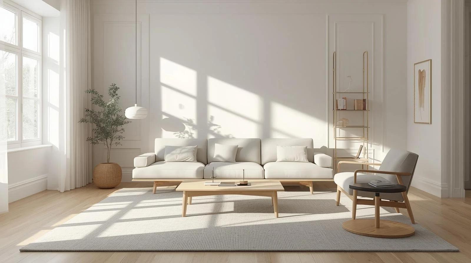 A serene, sunlit living room with a neatly arranged sofa — the feeling of a freshly cleaned home