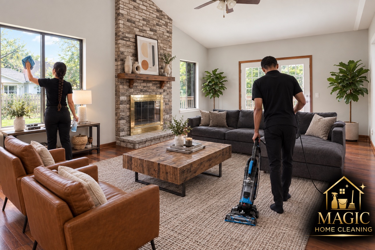 Monica and Oliver cleaning a bright living room together — Monica wiping a window while Oliver vacuums the rug