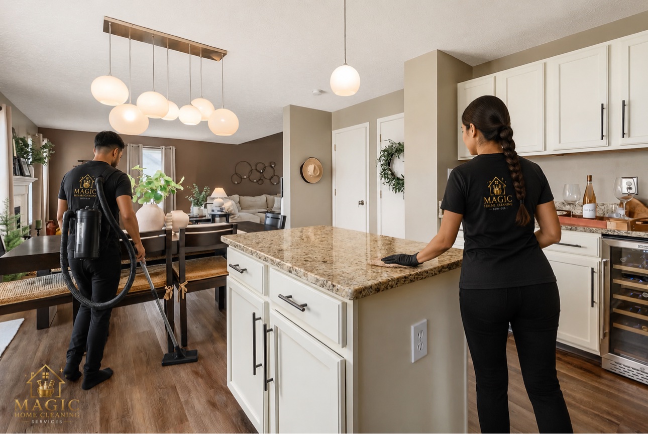 Monica wiping a kitchen island while Oliver vacuums the dining area behind her — the husband-and-wife team at work